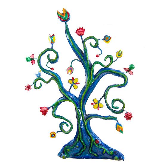 Arbre de vie - Pièce murale représentant un arbre bleu orné de fleurs imaginaire multicolores et confectionné en papier mâché