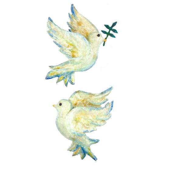 Espérances ailées - Couple de colombe confectionné en papier mâché et dont l'une tient dans son bec une branche d'olivier