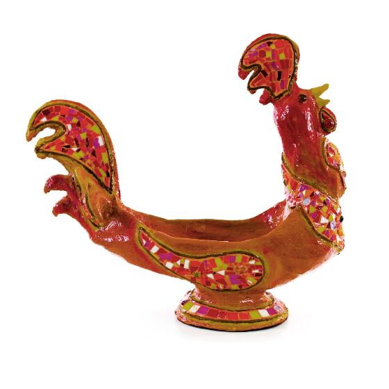 Gallo frutero - Coq roux et brun à la queue flamboyante en forme de plat à fruits et fait de papier mâché partiellement recouvert de mosaïque de verre
